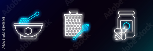 Set line Jar of honey with bee, Honey dipper stick and bowl and Honeycomb stickicon icon. Glowing neon. Vector