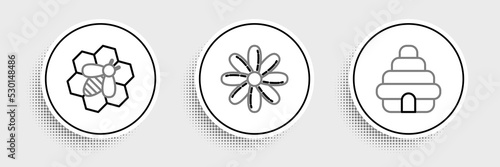 Set line Hive for bees, Bee and honeycomb and Flower icon. Vector