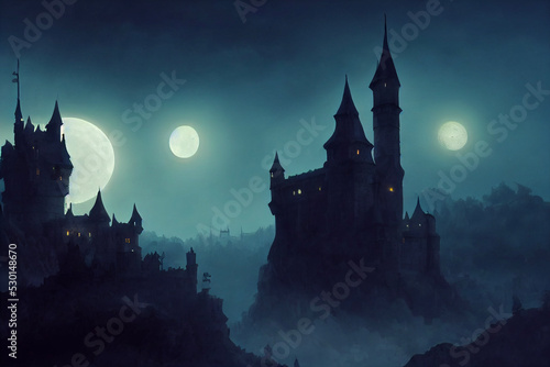Foto castle in the night with three moons