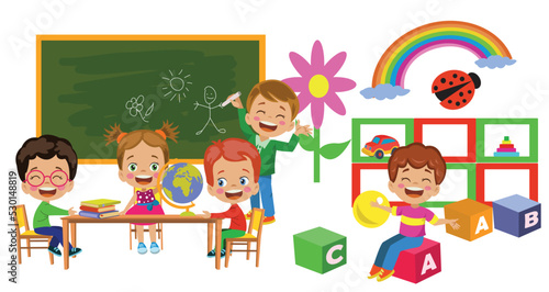 Happy Cute Kids Studying in Classroom At School