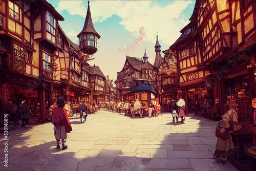 Illustration of a lively medieval village