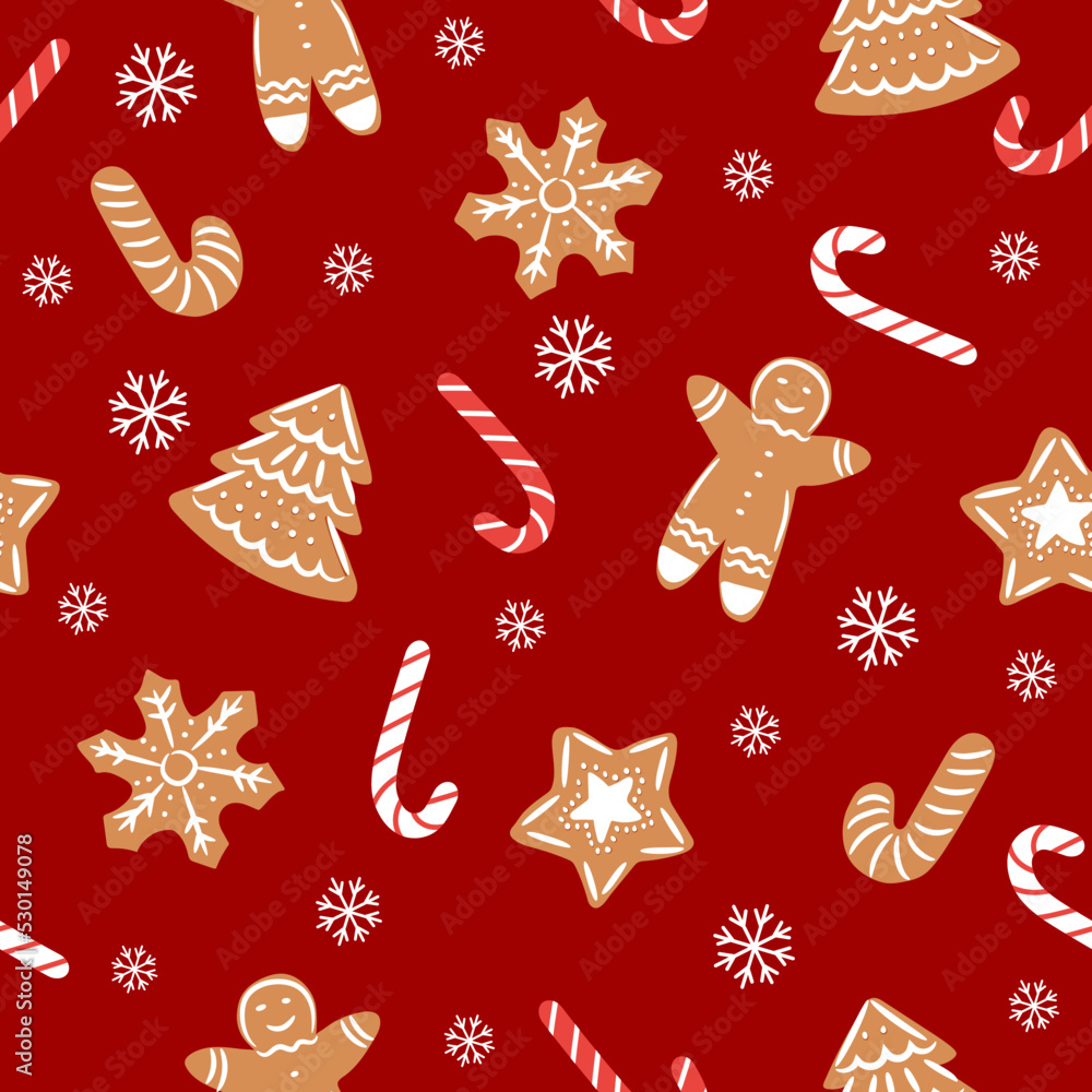 seamless christmas pattern template in cartoon style with christmas candies, gifts, holly leaves and bells. for wrapping paper, textile, themed decor seamless christmas pattern template in cartoon style with christmas candies, gifts, holly leaves and bells. for wrapping paper, textile, themed decor