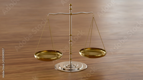 Scales of Justice. Golden balance scale on a wooden table. Sign of justice, lawyer. 3d rendering photo