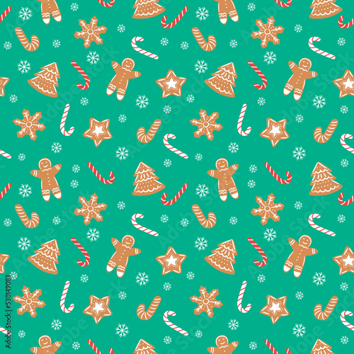 seamless christmas pattern template in cartoon style with christmas candies, gifts, holly leaves and bells. for wrapping paper, textile, themed decor