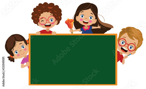 cute happy kids around classroom lesson board at school