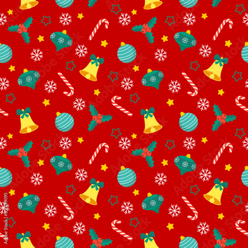 seamless christmas pattern template in cartoon style with christmas candies, gifts, holly leaves and bells. for wrapping paper, textile, themed decor