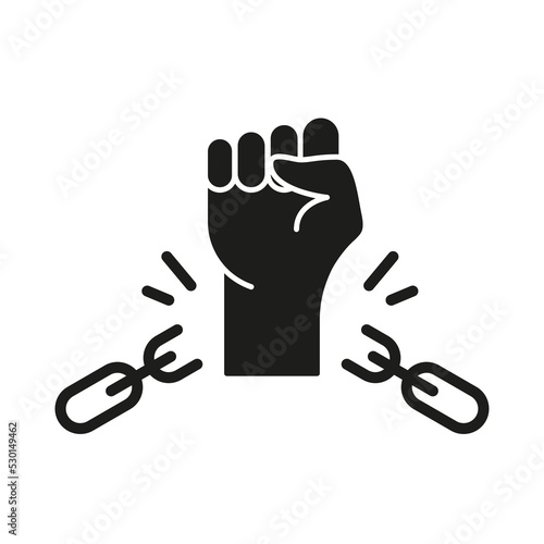 Freedom and Human Rights Silhouette Icon. Broken Shackles with Fist Raised Up Black Icon. Chain of Slavery Damaged. National Freedom Day Juneteenth. Vector Isolated Illustration