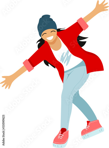 A teenage girl is cheerful and mischievous dancing