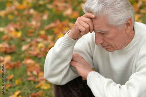 Close up portrait of older man in autumn park 