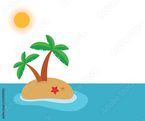 Small tropical island with palms, transparent sky, summer sun, cartoon travel design