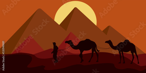 The background is a silhouette with a desert  pyramids and camels that a man sees. Cairo. Travel.