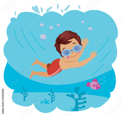cute boy floating under the submarine