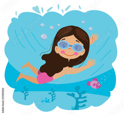 cute girl floating under the submarine