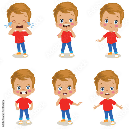 cute little kid boy in various expressions and gesture set