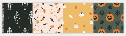 Halloween patterns collection. Vector illustration in modern flat cartoon style of four seamless patterns with Halloween symbols: pumpkins, skeletons, and candies