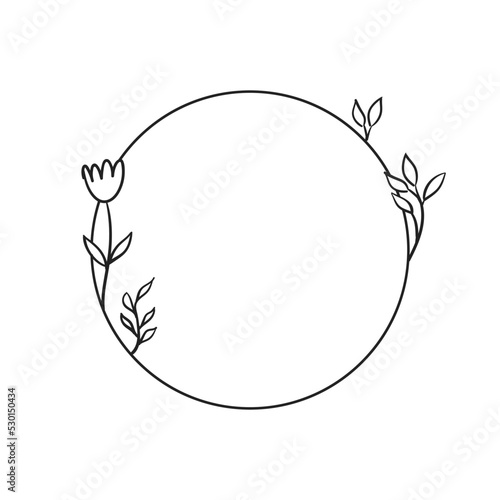 Circle frame with leaves. Doodle minimal style. Nature and organic decoration.