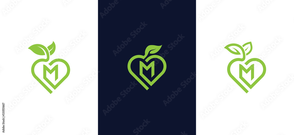 Heart Leaf Logo Concept symbol sign icon Element Design with Initial Letter M. Love, Herbal, Natural Products, Cosmetics, Ecology, health Care, spa, yoga Logotype. Vector illustration template Heart Leaf Logo Concept symbol sign icon Element Design with Initial Letter M. Love, Herbal, Natural Products, Cosmetics, Ecology, health Care, spa, yoga Logotype. Vector illustration template
