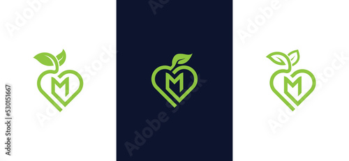 Heart Leaf Logo Concept symbol sign icon Element Design with Initial Letter M. Love, Herbal, Natural Products, Cosmetics, Ecology, health Care, spa, yoga Logotype. Vector illustration template