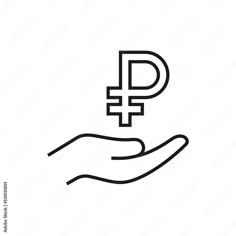 Ruble currency sign on hand line icon isolated on white background. Vector illustration Ruble currency sign on hand line icon isolated on white background. Vector illustration