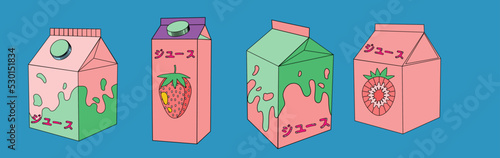 Retro anime style illustration of a strawberry juice pack. Vaporwave and city pop aesthetics. Japanese text means "Juice".