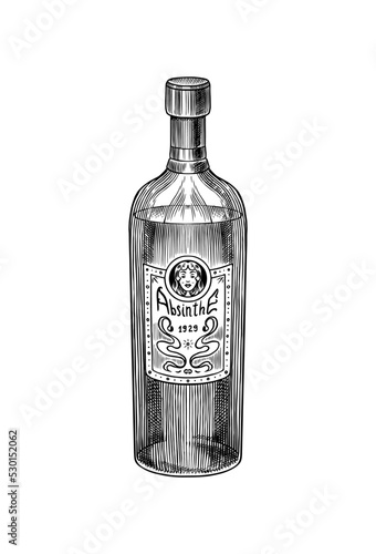 Bottle of Absinthe. Label for retro poster or banner. Engraved hand drawn vintage sketch. Woodcut style. Vector illustration.