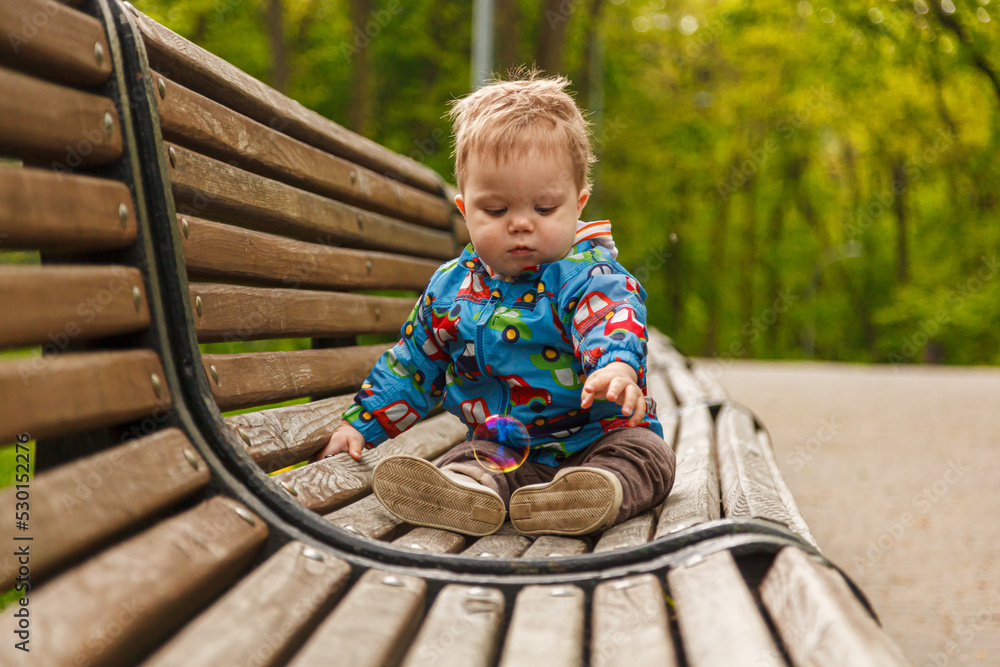 portrait of a little boy in the park on a bench catching soap bubbles portrait of a little boy in the park on a bench catching soap bubbles