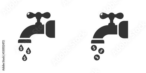 Save water icon - save money icon. Water drops in the form of money dripping from a faucet. Water tap with coin inside water drop. Flat vector illustration.