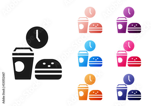 Black Fast food time icon isolated on white background. Set icons colorful. Vector