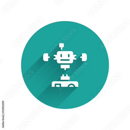 White Disassembled robot icon isolated with long shadow. Artificial intelligence  machine learning  cloud computing. Green circle button. Vector