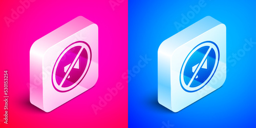 Isometric Censored stamp icon isolated on pink and blue background. Silver square button. Vector