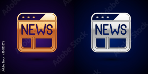 Gold and silver News icon isolated on black background. Newspaper sign. Mass media symbol. Vector