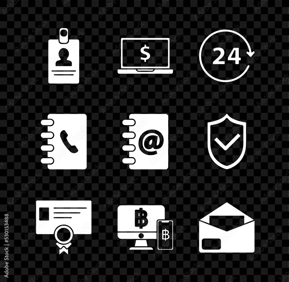 Set Identification badge, Laptop with dollar symbol, Clock 24 hours, Certificate template, Computer monitor mobile phone and bitcoin, Envelope, Address book and icon. Vector Set Identification badge, Laptop with dollar symbol, Clock 24 hours, Certificate template, Computer monitor mobile phone and bitcoin, Envelope, Address book and icon. Vector