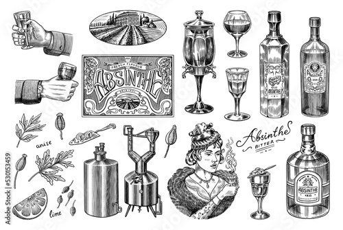 Bottle of Absinthe Glass shot. Woman holding a toast drink. Pot Swan necked copper stills distillery for making alcohol. Label for retro poster. Engraved hand drawn vintage sketch. Woodcut style