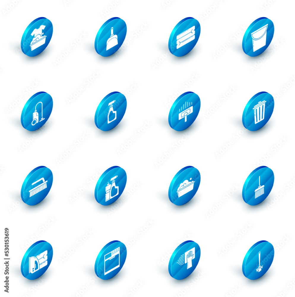 Set Dustpan, Towel stack, Bucket, Vacuum cleaner, Brush for cleaning, Cleaning spray bottle with detergent liquid, Trash can and icon. Vector Set Dustpan, Towel stack, Bucket, Vacuum cleaner, Brush for cleaning, Cleaning spray bottle with detergent liquid, Trash can and icon. Vector