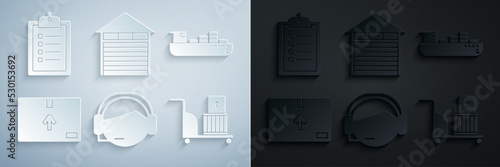Set Support operator in touch, Cargo ship with boxes delivery service, Cardboard traffic symbol, Electric hand truck and, Closed warehouse and Verification of list clipboard icon. Vector