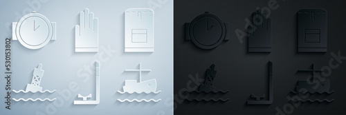 Set Snorkel, Backpack, Floating buoy on the sea, Fishing boat water, Gloves and Diving watch icon. Vector