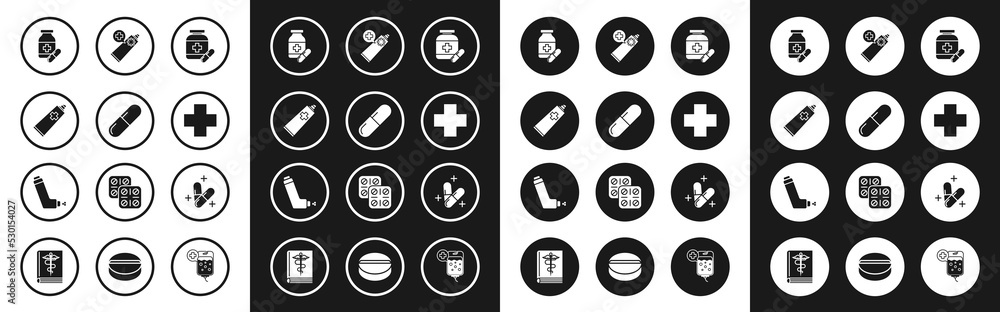Set Medicine bottle and pills, or tablet, Ointment cream tube medicine, Cross hospital medical, and Inhaler icon. Vector Set Medicine bottle and pills, or tablet, Ointment cream tube medicine, Cross hospital medical, and Inhaler icon. Vector