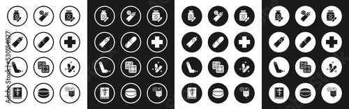 Set Medicine bottle and pills, or tablet, Ointment cream tube medicine, Cross hospital medical, and Inhaler icon. Vector