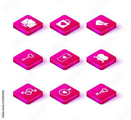 Set Male gender symbol, Heart in the center stopwatch, Key heart shape, Mobile phone with, and ribbon, Amour arrow and Shopping bag icon. Vector