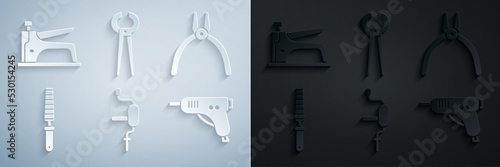 Set Hand drill, Pliers tool, Chisel for wood, Electric hot glue gun, Pincers pliers and Construction stapler icon. Vector