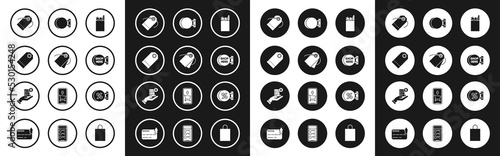 Set Paper shopping bag and food, Blank label template price tag, Signboard hanging with inscription here, discount percent and Human hand holding blank receipt or bill for payment icon. Vector