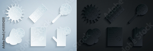 Set Clipboard with blood test results, Virus under magnifying glass, Runny nose and virus, Hand, Pills blister pack and icon. Vector