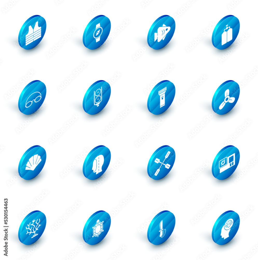 Set Compass, Fish, Aqualung, Glasses and cap, Scallop sea shell, Gauge scale, Boat propeller, turbine and Flashlight icon. Vector Set Compass, Fish, Aqualung, Glasses and cap, Scallop sea shell, Gauge scale, Boat propeller, turbine and Flashlight icon. Vector