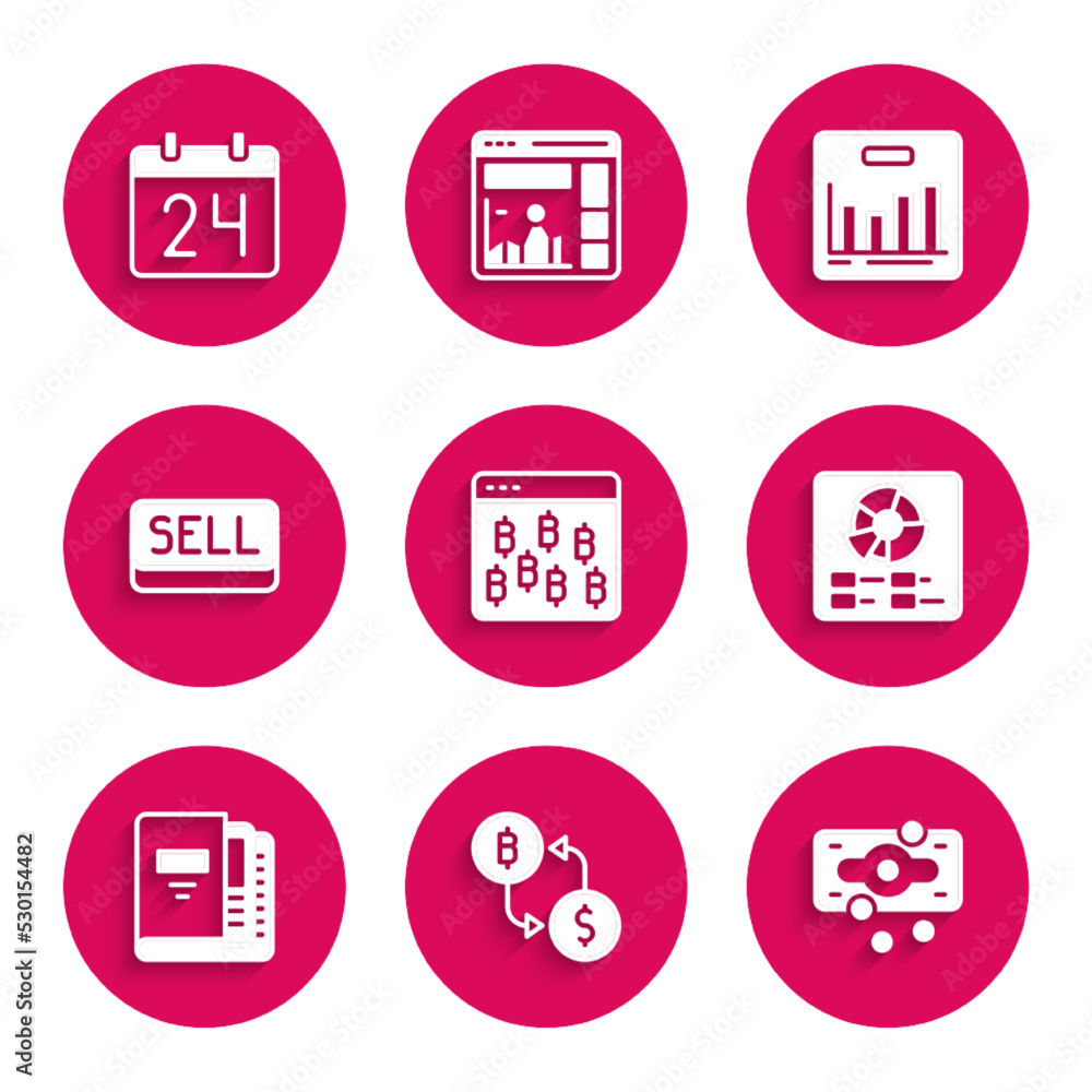 Set Bitcoin in browser, Cryptocurrency exchange, Stacks paper money cash, Pie chart infographic, Office folders, Sell button, and Calendar icon. Vector Set Bitcoin in browser, Cryptocurrency exchange, Stacks paper money cash, Pie chart infographic, Office folders, Sell button, and Calendar icon. Vector