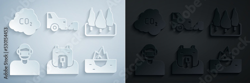 Set Polar bear head, Forest, Face in protective mask, Iceberg, Car exhaust and CO2 emissions cloud icon. Vector