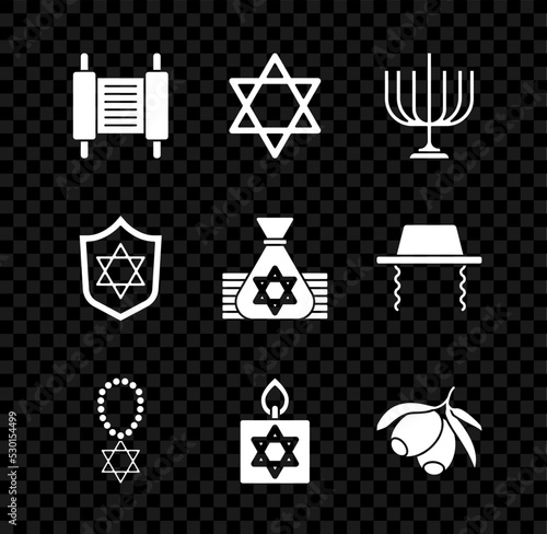 Set Torah scroll, Star of David, Hanukkah menorah, necklace on chain, Burning candle, Olives branch, Shield with and Jewish money bag icon. Vector