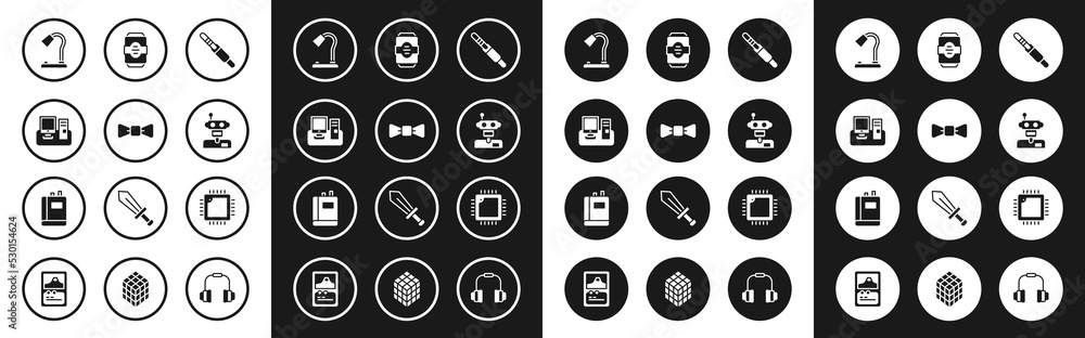 Set Audio jack, Bow tie, Monitor with keyboard, Table lamp, Robot, Energy drink, Processor CPU and Book icon. Vector Set Audio jack, Bow tie, Monitor with keyboard, Table lamp, Robot, Energy drink, Processor CPU and Book icon. Vector