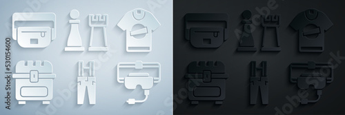Set Pants with suspenders, T-shirt, Antique treasure chest, Virtual reality glasses, Chess and Waist bag of banana icon. Vector