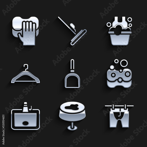 Set Dustpan, Stain on the tablecloth, Drying clothes, Sponge, Washbasin, Hanger wardrobe, Basin with soap suds and Cleaning service icon. Vector