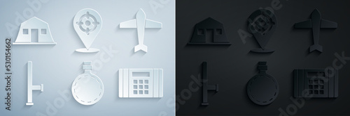 Set Canteen water bottle, Jet fighter, Police rubber baton, Dynamite bomb, Target sport and Military barracks icon. Vector